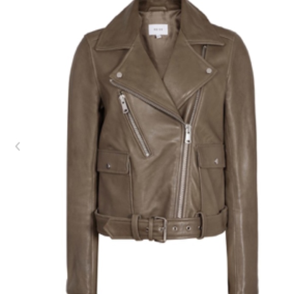 Reiss Kate Leather Biker Moto Jacket Khaki - Picture 5 of 8